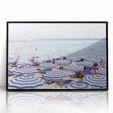 Large abstract wall art featuring a mid-century modernist design in vibrant summer hues on a framed acrylic print.