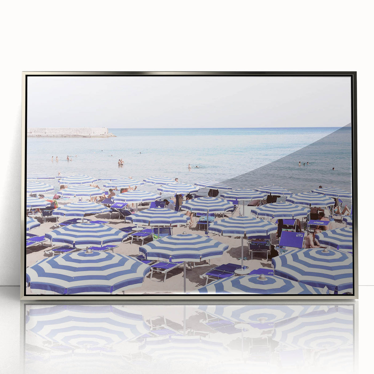 Mid-century modernist art depicting summer season in vibrant colors on a framed acrylic print, suitable for nursery wall art.