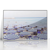 Art deco poster featuring summer theme with bright yellow and green tones, framed in white acrylic.