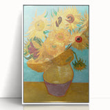 Mid-century modernist art deco poster featuring a stylized Van Gogh portrait in vibrant blue and yellow.