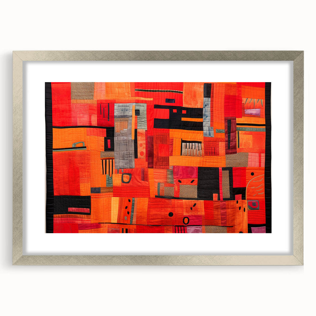 Abstract wall art featuring colorful strokes in a silver frame with a mat, ideal for modern home decor. This stylish piece adds a vibrant touch to any living space.