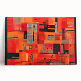 Abstract wall art featuring vibrant strokes in blue, orange, and gold on stretched canvas, leaning against a neutral wall, adding modern elegance to interiors.