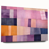 Abstract wall art featuring vibrant strokes in blue, pink, and gold, displayed in a side view on acrylic glass, ideal for modern home decor. Perfect for enhancing contemporary living spaces.