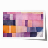 Abstract wall art print showcasing vibrant strokes in shades of blue, orange, and yellow, ideal for modern home decor. The rolled canvas is elegantly packaged for easy display.
