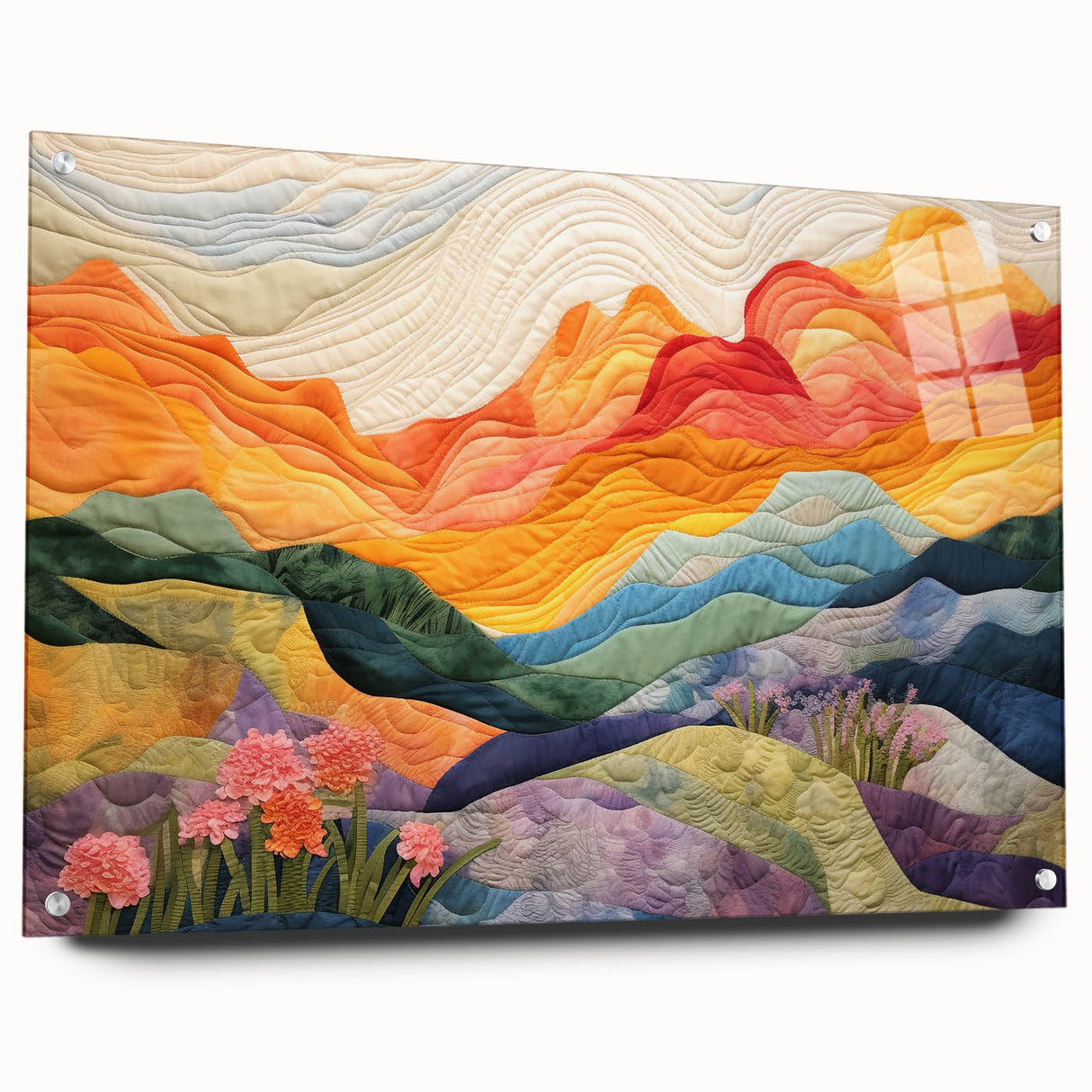 Abstract wall art featuring colorful strokes on acrylic glass, showcased in a side view with visible mounting pins, perfect for modern decor.