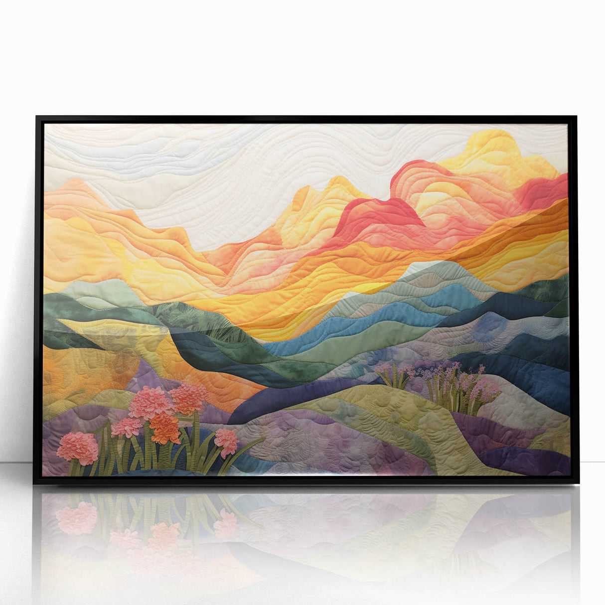 Abstract strokes wall art framed in black acrylic, showcasing vibrant colors and dynamic patterns, perfect for modern home decor or office settings.