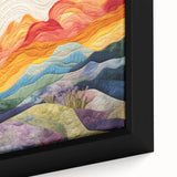 Close-up of framed canvas wall art featuring abstract strokes in vibrant colors of blue, orange, and gold, perfect for modern home decor. Ideal for enhancing living spaces with a contemporary artistic touch.