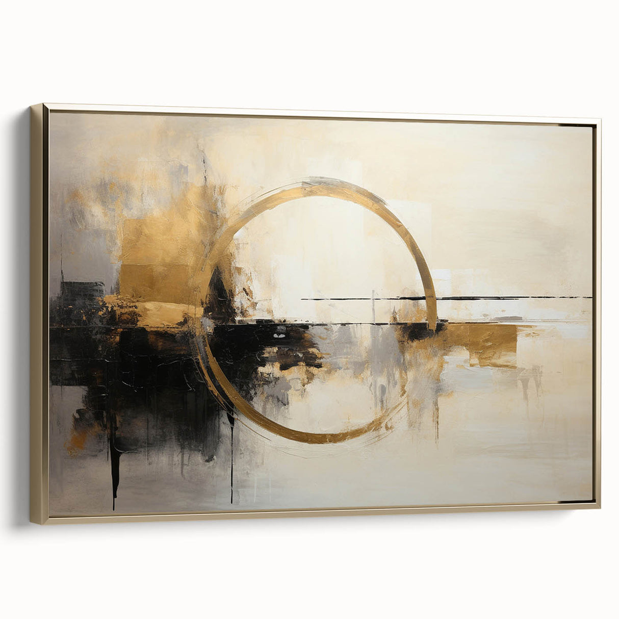 Framed canvas wall art featuring abstract strokes in gold and neutral tones, showcasing a modern design that enhances contemporary home decor. This side view highlights the elegant frame and textured surface, ideal for stylish interior spaces.
