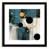 Abstract wall art featuring vibrant strokes in shades of blue, pink, and gold, framed in black with a white mat, perfect for modern home decor.