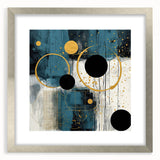 Abstract wall art featuring bold strokes of blue, gold, and silver in a sleek silver frame with matting, perfect for modern home decor or office spaces.