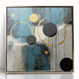 Framed abstract wall art featuring gold-accented strokes on an acrylic background, perfect for modern home decor, enhancing living spaces with elegance.