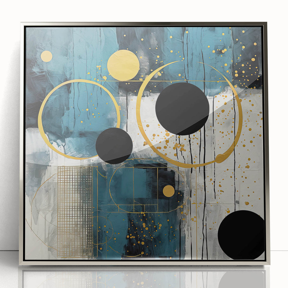 Framed abstract wall art featuring silver and blue strokes, set against a white background, ideal for modern home decor and artistic interior design accents.