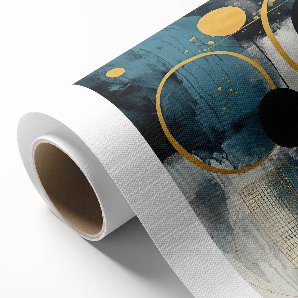 Abstract strokes wall art on rolled canvas showcasing vibrant colors and dynamic patterns, ideal for modern home decor, packaged securely in a cardboard tube.