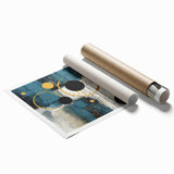 Abstract wall art print featuring vibrant strokes in shades of blue, orange, and yellow, rolled for shipping in a protective cardboard tube. Ideal for modern decor.