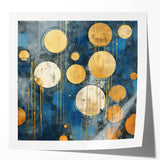 Abstract wall art featuring vibrant strokes in shades of blue, orange, and yellow, displayed in a glossy finish, perfect for modern home decor or office spaces.