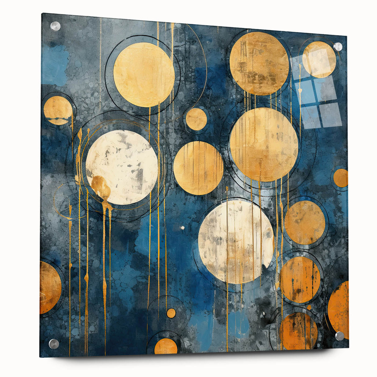 Abstract wall art featuring vibrant, multicolored strokes on acrylic glass, showcasing a modern design with side view and pins for easy hanging, perfect for contemporary decor.