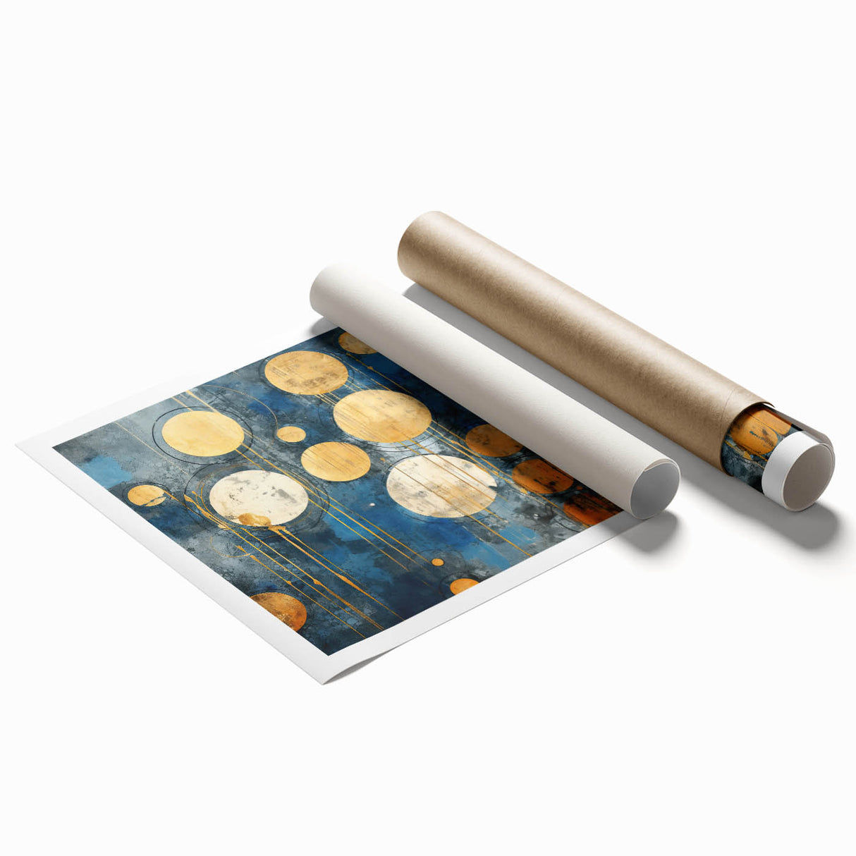 Abstract wall art print featuring vibrant strokes in shades of blue, orange, and gold, designed for modern home decor. Perfect for adding a touch of creativity and style to interiors.