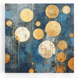 Abstract strokes wall art on stretched canvas showcasing vibrant blue, orange, and yellow hues. Ideal for modern decor, adding a lively touch to any room.