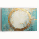 Abstract wall art featuring vibrant strokes in blue, gold, and pink on a stretched canvas, showcasing modern artistic design perfect for contemporary home decor.