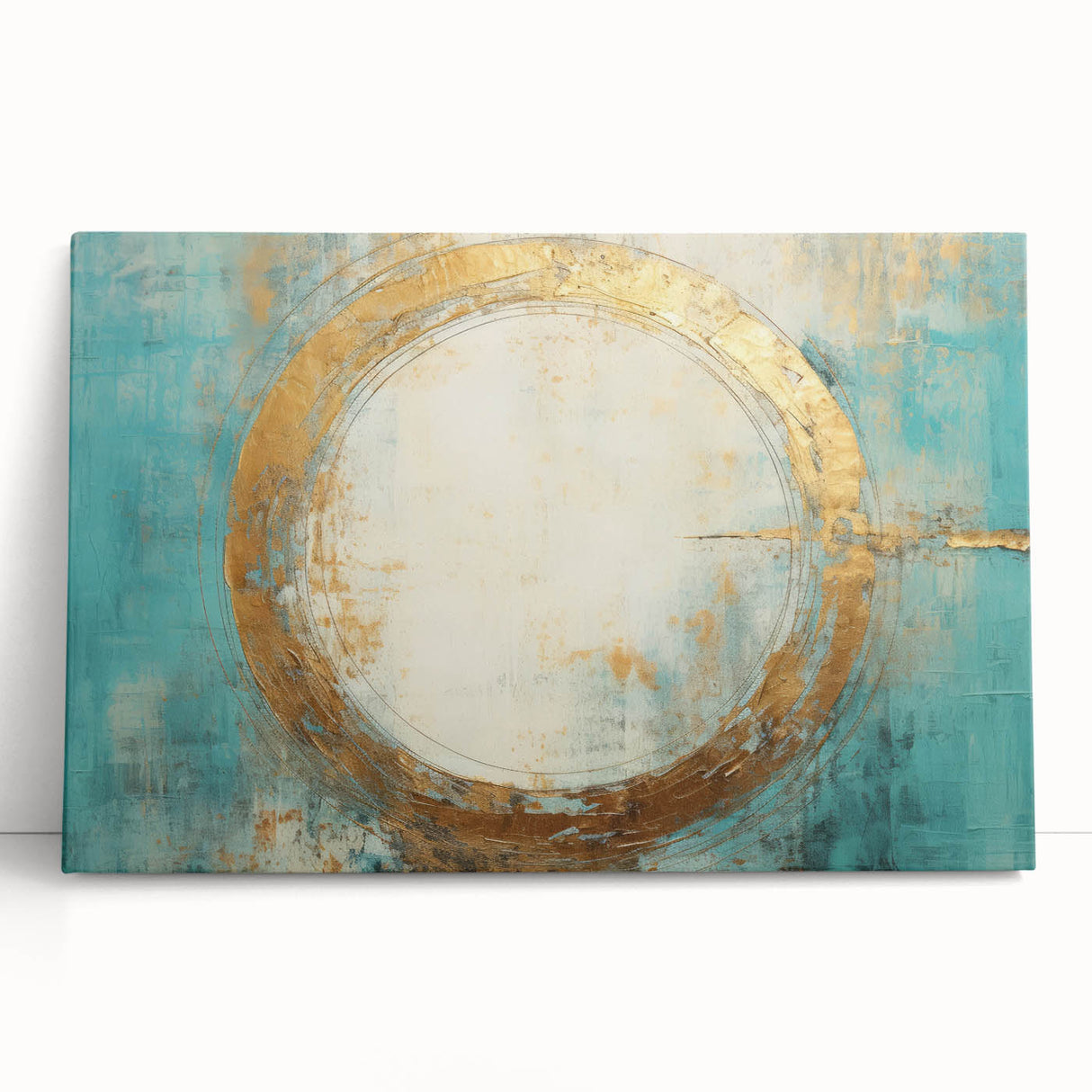 Abstract wall art featuring vibrant strokes in shades of blue, pink, and gold, elegantly displayed on a stretched canvas, perfect for modern home decor.