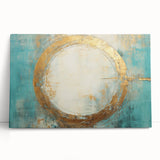 Abstract wall art featuring vibrant strokes in shades of blue, pink, and gold, elegantly displayed on a stretched canvas, perfect for modern home decor.