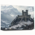 Acrylic glass wall art featuring a stunning landscape with a castle, displayed from a side view and accented with colorful pins, ideal for home decor enthusiasts.