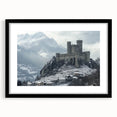 Framed landscape artwork showcasing a majestic castle under a vibrant blue sky, featuring a sleek black mat for an elegant presentation, perfect for home decor.