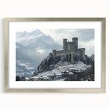 Elegant silver-framed landscape artwork depicting a serene castle scene, enhanced with a white mat for a polished presentation, ideal for home decor or office aesthetics.