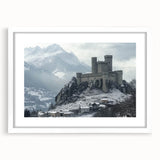 Framed landscape artwork showcasing a serene castle scene with lush greenery, presented in a white mat finish, ideal for elegant home decor.