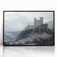 Framed acrylic artwork showcasing a stunning landscape with a medieval castle, set against a vibrant sunset, featuring a sleek black frame for a modern touch. Perfect for home decor enthusiasts seeking castle-themed art.
