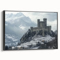 Framed canvas artwork showcasing a stunning landscape with a castle set against a serene backdrop, featuring a sleek black frame, perfect for home décor enhancement.