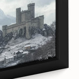 Close-up of a framed canvas depicting a vibrant landscape with a majestic castle, showcasing rich colors and intricate details, perfect for home decor.