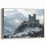 Framed canvas artwork depicting a picturesque landscape with a castle, featuring a silver frame and elegant detailing, ideal for enhancing home decor.