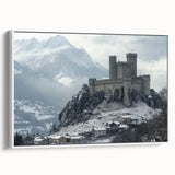 Framed canvas print showcasing a picturesque landscape with a majestic castle, set against a serene backdrop of lush greenery and a clear blue sky, highlighting intricate details and vibrant colors.