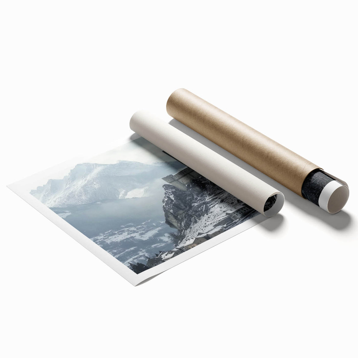 Scenic rolled print showcasing a vibrant landscape with a majestic castle nestled among lush greenery, designed for wall decor enthusiasts and art lovers.