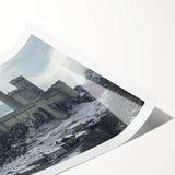 Rolled print showcasing a stunning landscape of a majestic castle against a vibrant sky, designed for home decor, elegantly packaged in a protective cardboard tube for easy transportation.