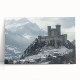 Stretched canvas artwork depicting a scenic landscape with castles and mountains, featuring vibrant colors and intricate details, perfect for home decor.