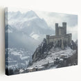 A side view of a stretched canvas depicting a serene landscape featuring a majestic castle surrounded by lush greenery, perfect for home decor. The intricate details and vibrant colors enhance the artistic appeal, making it ideal for art enthusiasts.