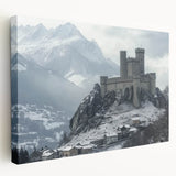 A side view of a stretched canvas depicting a serene landscape featuring a majestic castle surrounded by lush greenery, perfect for home decor. The intricate details and vibrant colors enhance the artistic appeal, making it ideal for art enthusiasts.