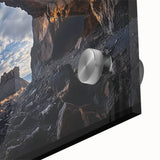 Close-up of a vibrant acrylic glass artwork depicting a scenic landscape with intricate cave formations, showcasing rich colors and textures ideal for modern decor.