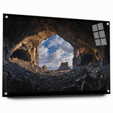 Acrylic landscape art piece showcasing a cave scene, viewed from the side with decorative pins, perfect for adding depth to modern home decor.
