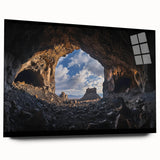 Acrylic glass artwork showcasing a stunning side view of a cave landscape, featuring rich colors and intricate details, perfect for modern home decor.