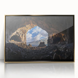 Framed acrylic artwork depicting a stunning cave landscape in gold tones, showcasing intricate details and textures, perfect for enhancing modern home decor.