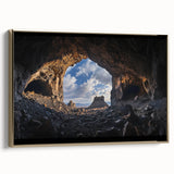 Framed canvas artwork depicting a serene landscape with caves, featuring a gold frame and side view showcasing intricate details and textures, ideal for home decor.