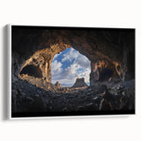 Framed canvas artwork depicting a stunning cave landscape in rich earthy tones, showcasing intricate details and textures, perfect for enhancing home decor.
