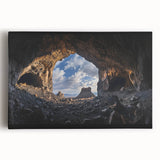 Stretched canvas artwork depicting an enchanting landscape with intricate cave formations and vibrant colors, perfect for home decor and art enthusiasts.