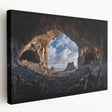 Side view of a stretched canvas depicting a vibrant landscape with caves, showcasing rich colors and intricate details, ideal for home decor or art enthusiasts.