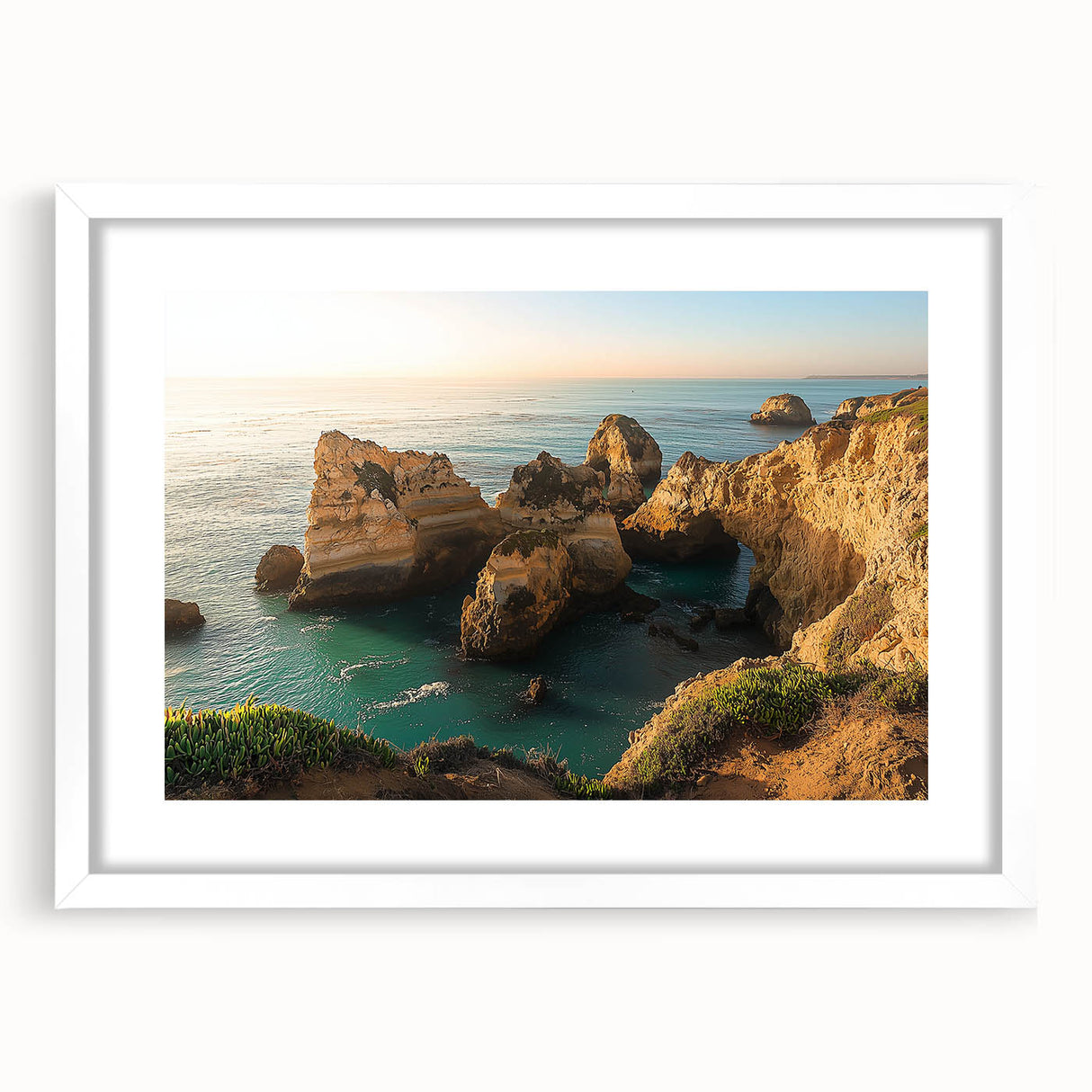 Framed landscape artwork showcasing dramatic cliffs and serene scenery, presented with a white mat for a modern touch, ideal for home decor enhancement.