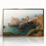 Framed acrylic artwork depicting majestic cliffs in a vibrant landscape, featuring gold accents that enhance the natural beauty, ideal for home decor.