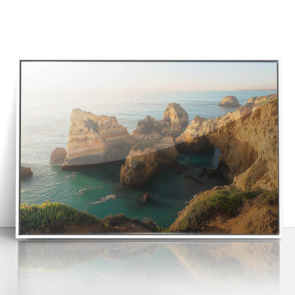 Framed acrylic artwork showcasing a stunning landscape of cliffs, featuring vibrant colors and intricate details, perfect for modern home decor.